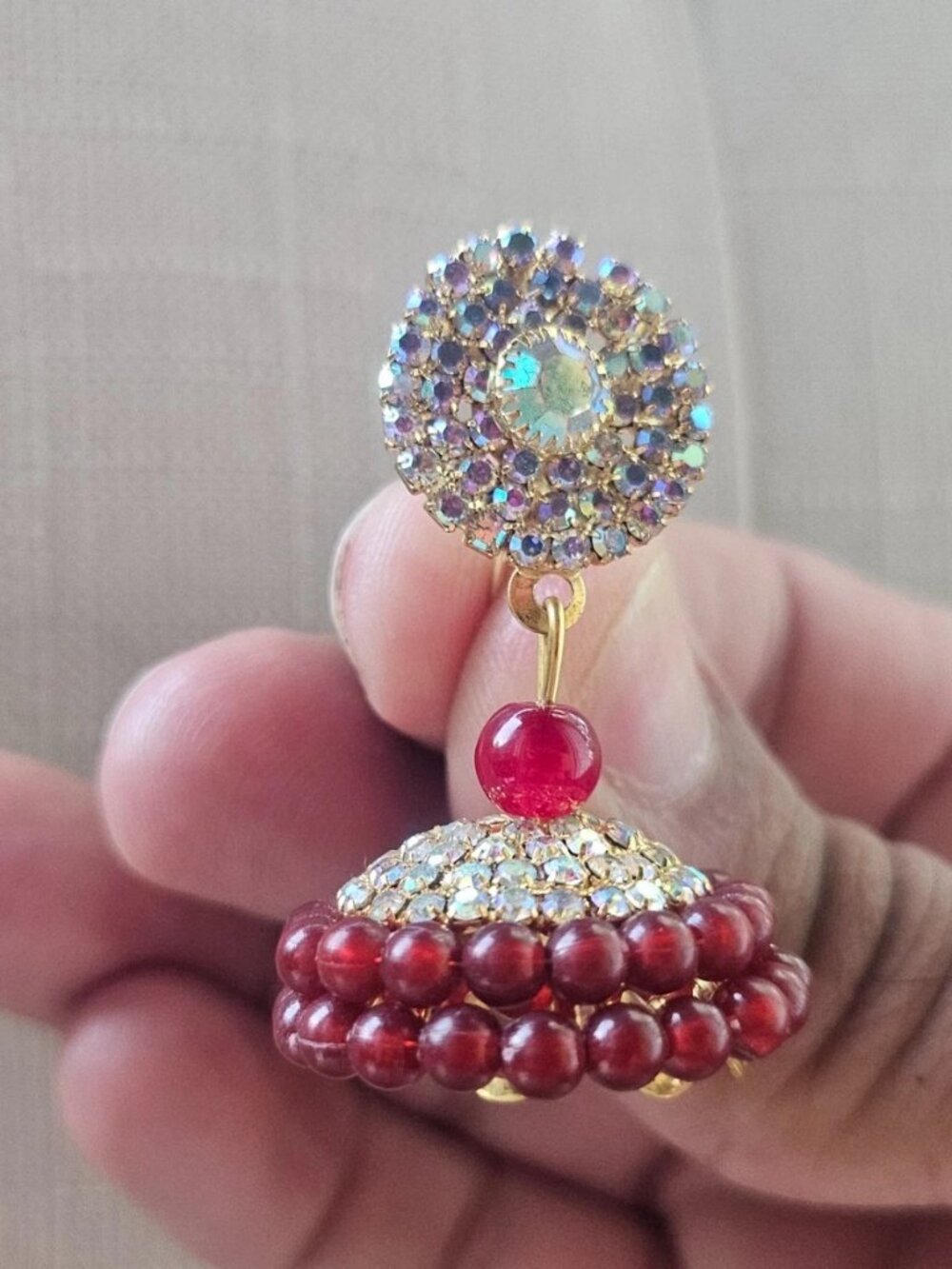 Indian Jhumka Earrings Burgundy Tone Beads Gold Tone Ethnic Fashion Ear Jewelry - Picture 11 of 13